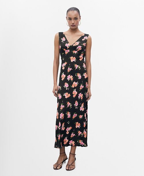 MANGO Women's Floral Midi Dress Women's Fashion Shoes & Accessories