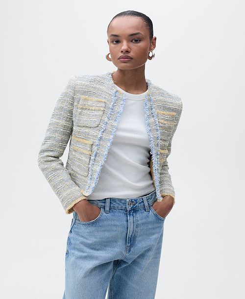 MANGO Women's Frayed Ends Tweed Jacket Women's Fashion Shoes & Accessories