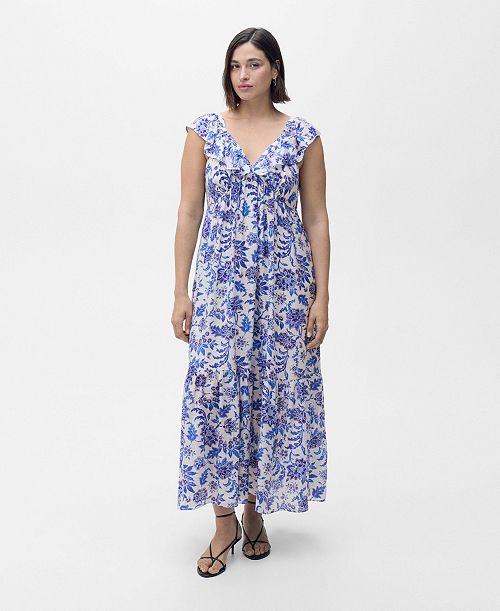 MANGO Women's Long Flared Floral Dress Women's Fashion Shoes & Accessories