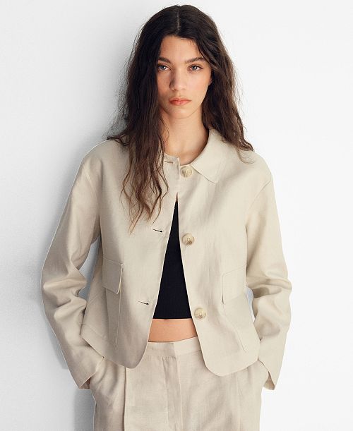 MANGO Women's Pocket Linen-Blend Jacket Women's Fashion Shoes & Accessories