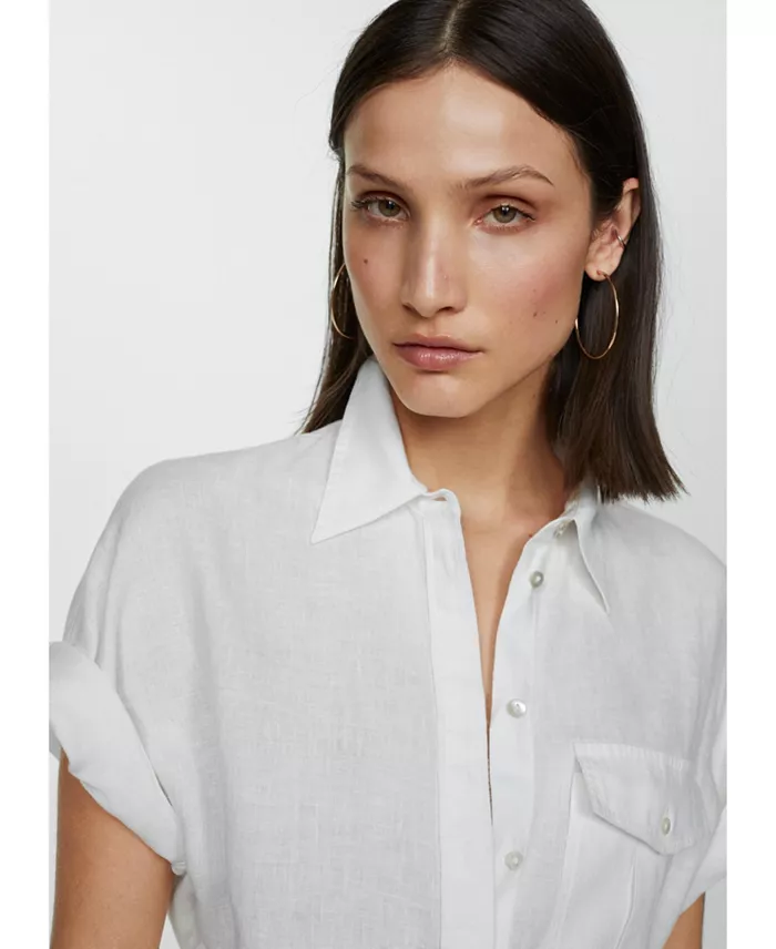 MANGO Women's Pocket Linen Shirt Women's Fashion Shoes & Accessories