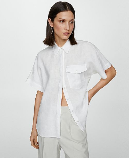 MANGO Women's Pocket Linen Shirt Women's Fashion Shoes & Accessories