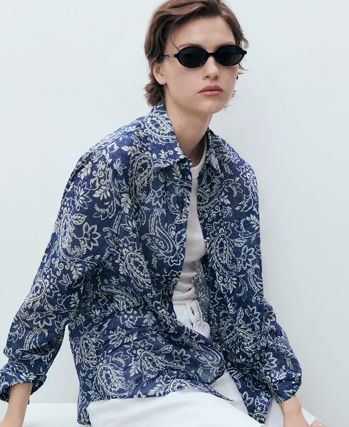 MANGO Women's Printed Cotton Shirt Women's Fashion Shoes & Accessories