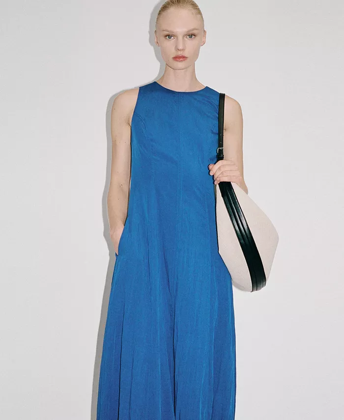 MANGO Women's Puffed Hem Midi Dress Women's Fashion Shoes & Accessories