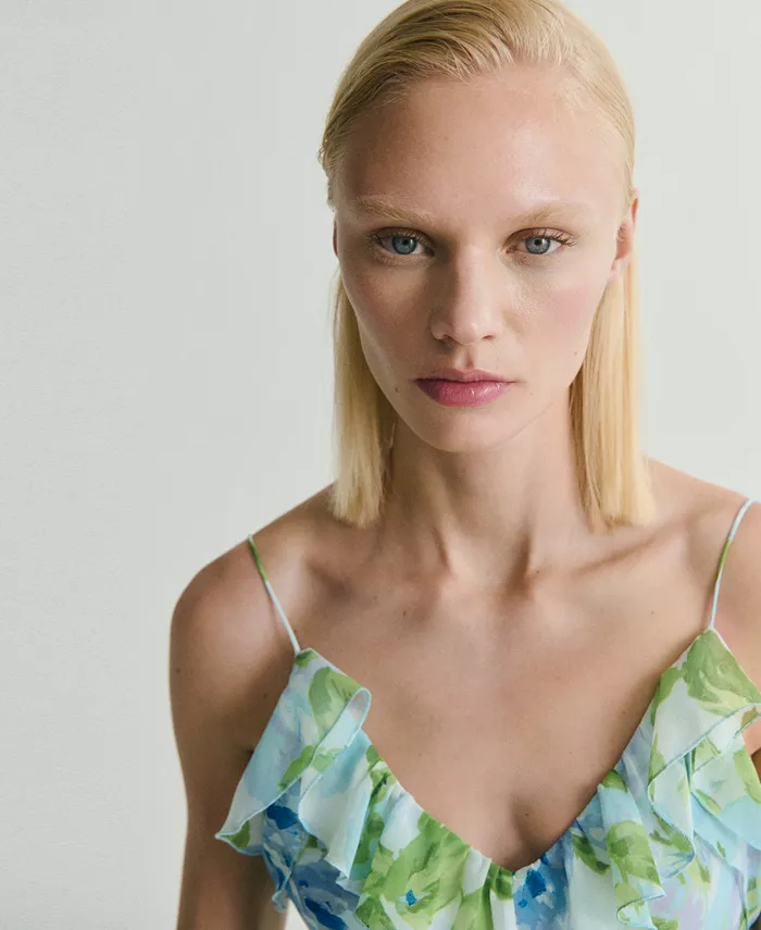 MANGO Women's Ruffled Floral Print Dress Women's Fashion Shoes & Accessories