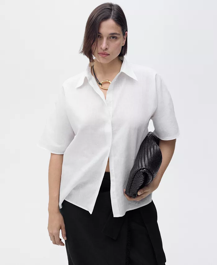 MANGO Women's Short Sleeve Linen-Blend Shirt Women's Fashion Shoes & Accessories