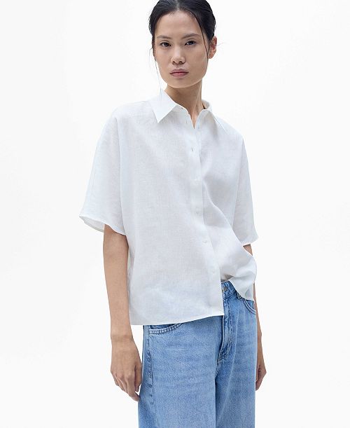 MANGO Women's Short Sleeve Linen-Blend Shirt Women's Fashion Shoes & Accessories