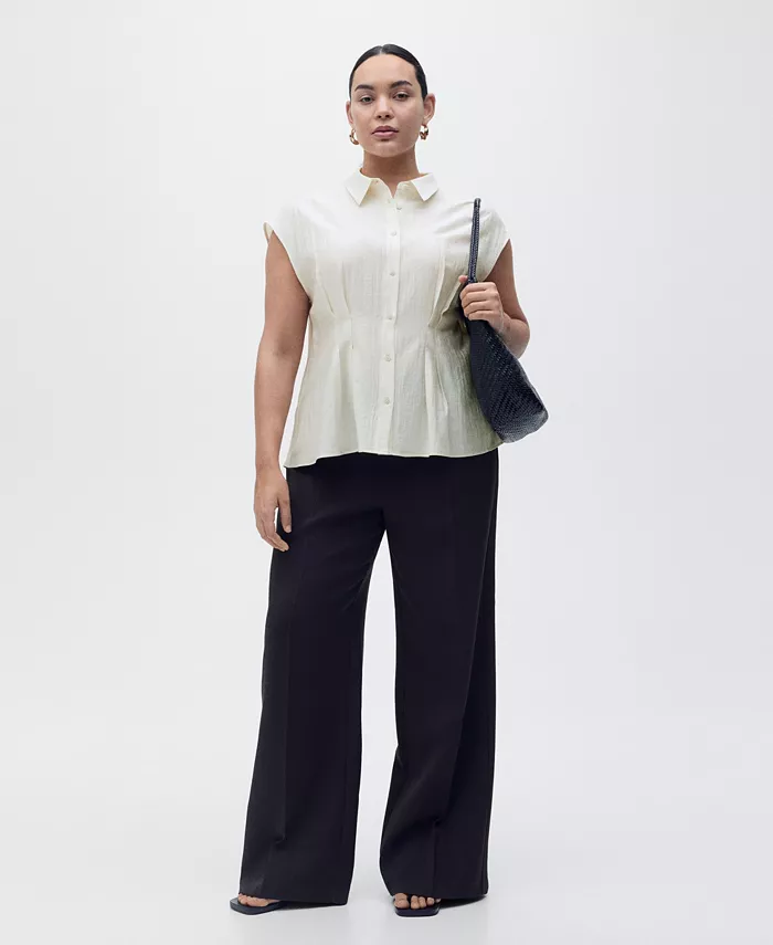 MANGO Women's Short Sleeve Pleated Shirt Women's Fashion Shoes & Accessories