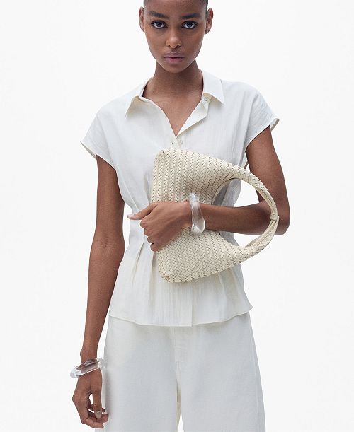 MANGO Women's Short Sleeve Pleated Shirt Women's Fashion Shoes & Accessories