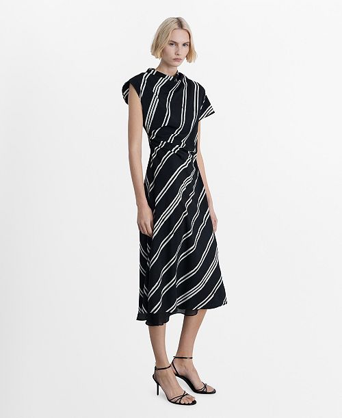 MANGO Women's Striped Print Midi Dress Women's Fashion Shoes & Accessories