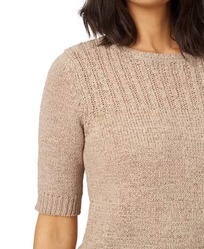 Melissa Paige Women's Elbow-Sleeve Ribbed-Edge Tape-Yarn Sweater Women's Fashion Shoes & Accessories