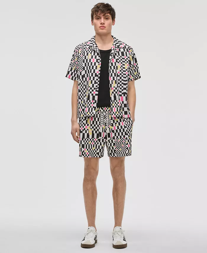 Mode Of One Men's Mixed Check Relaxed-Fit Printed Button-Down Camp Shirt Exclusively At Macy's Men's Fashion & Accessories