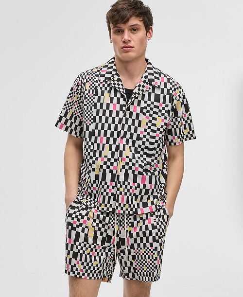 Mode of One Men's Mixed Check Relaxed-Fit Printed Button-Down Camp Shirt Exclusively at Macy's Men's Fashion & Accessories