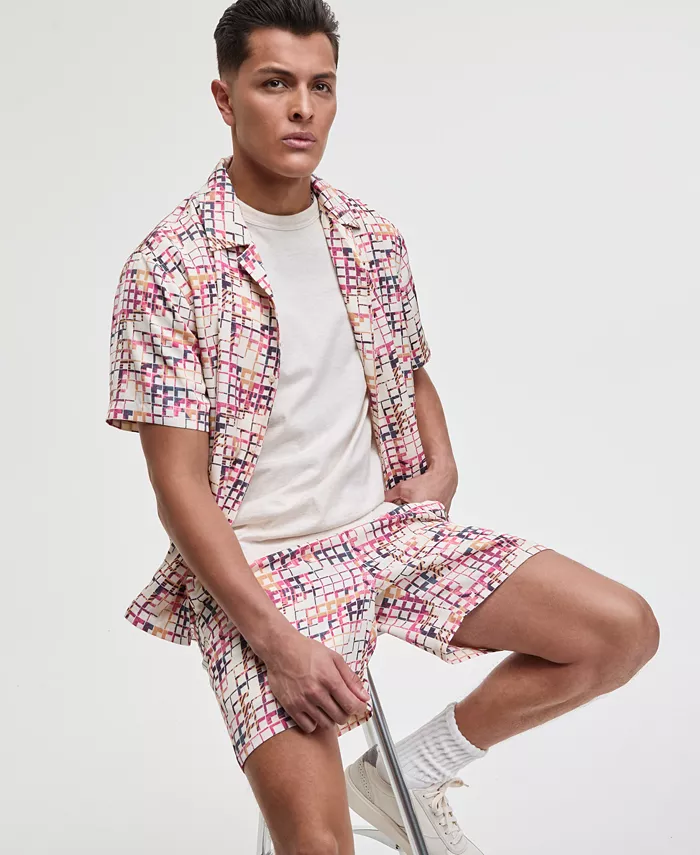 Mode Of One Men's Squared Up Relaxed-Fit Geo-Print Button-Down Shiny Twill Camp Shirt & Relaxed-Fit Geo-Print 6-1/2" Shiny Twill Shorts Exclusively At Macy's Men's Fashion & Accessories