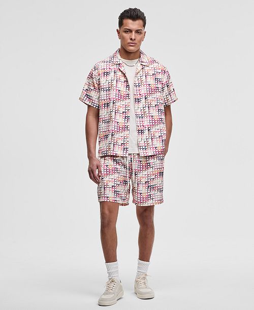 Mode of One Men's Squared Up Relaxed-Fit Geo-Print Button-Down Shiny Twill Camp Shirt & Relaxed-Fit Geo-Print 6-1/2" Shiny Twill Shorts Exclusively at Macy's Men's Fashion & Accessories