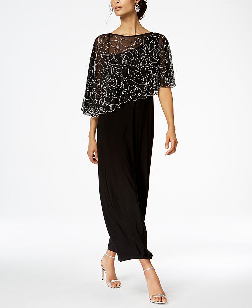 MSK Women's Boat-Neck Embellished-Cape Jersey-Knit Gown Women's Fashion Shoes & Accessories