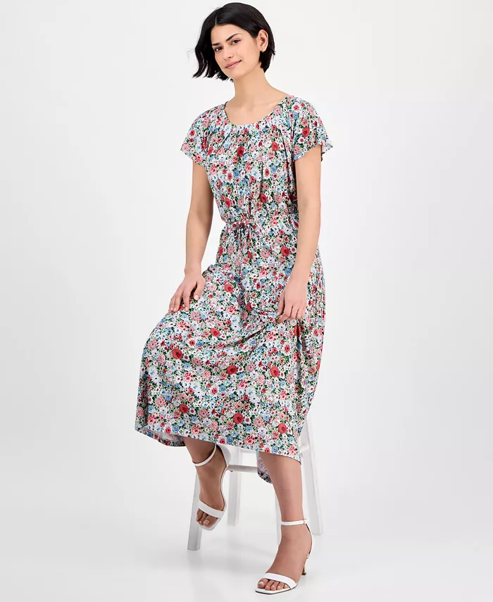 Nautica Jeans Women's Floral-Print Flutter-Sleeve Maxi Dress Women's Fashion Shoes & Accessories