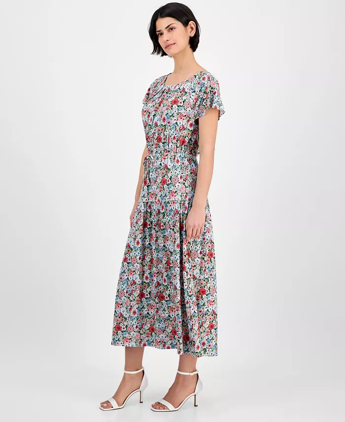 Nautica Jeans Women's Floral-Print Flutter-Sleeve Maxi Dress Women's Fashion Shoes & Accessories