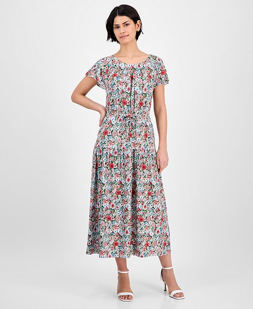 Nautica Jeans Women's Floral-Print Flutter-Sleeve Maxi Dress Women's Fashion Shoes & Accessories