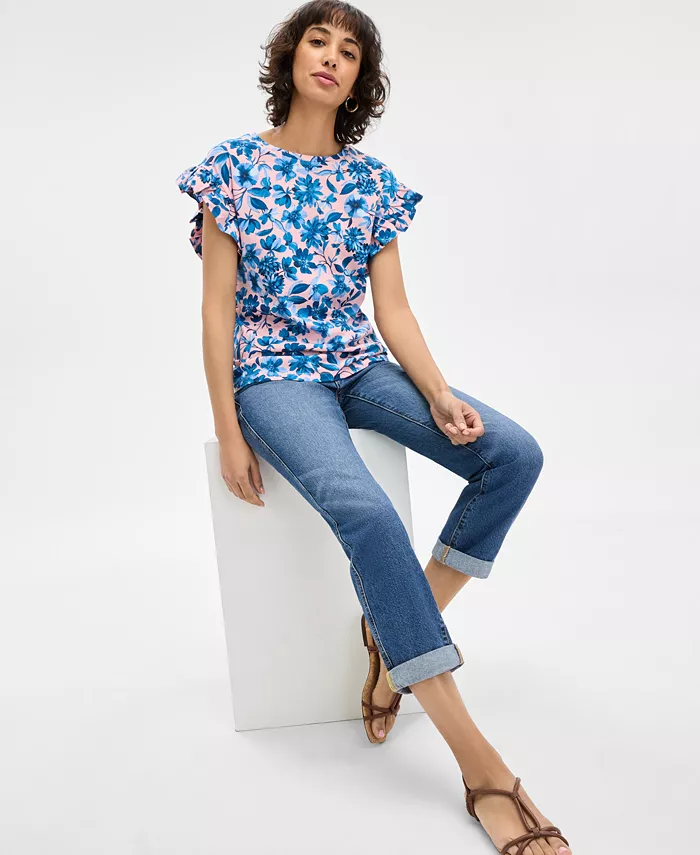 Nautica Jeans Women's Floral-Print Ruffle-Sleeve Top Women's Fashion Shoes & Accessories