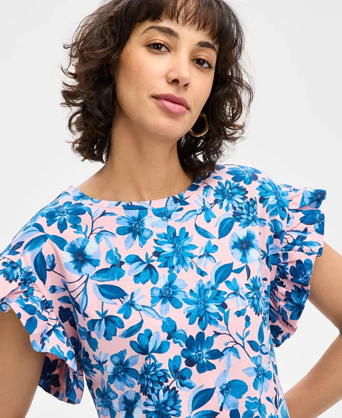 Nautica Jeans Women's Floral-Print Ruffle-Sleeve Top Women's Fashion Shoes & Accessories