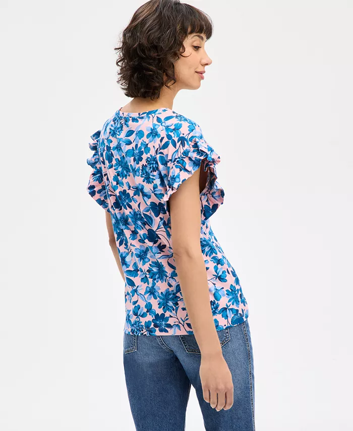 Nautica Jeans Women's Floral-Print Ruffle-Sleeve Top Women's Fashion Shoes & Accessories