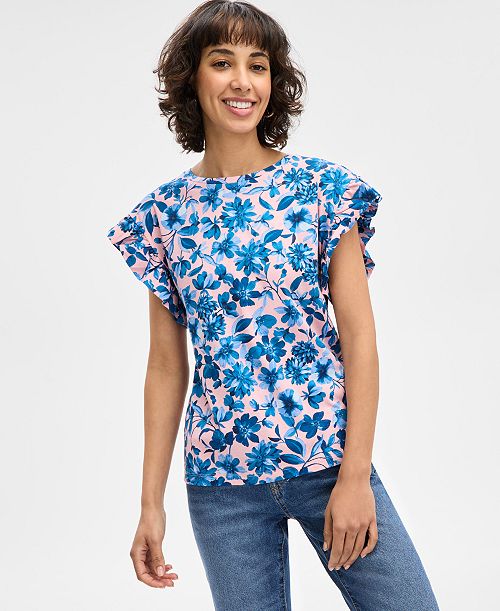 Nautica Jeans Women's Floral-Print Ruffle-Sleeve Top Women's Fashion Shoes & Accessories
