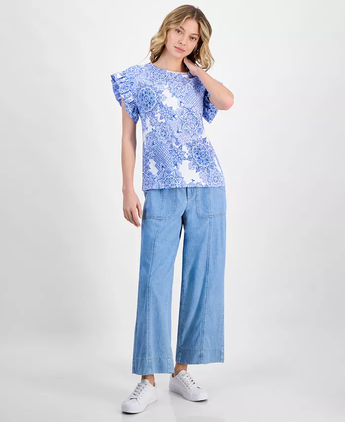 Nautica Jeans Women's Printed Flutter-Sleeve Top Women's Fashion Shoes & Accessories