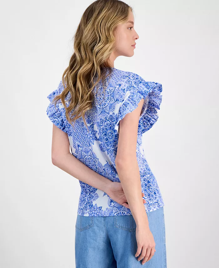 Nautica Jeans Women's Printed Flutter-Sleeve Top Women's Fashion Shoes & Accessories