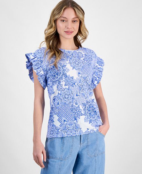 Nautica Jeans Women's Printed Flutter-Sleeve Top Women's Fashion Shoes & Accessories