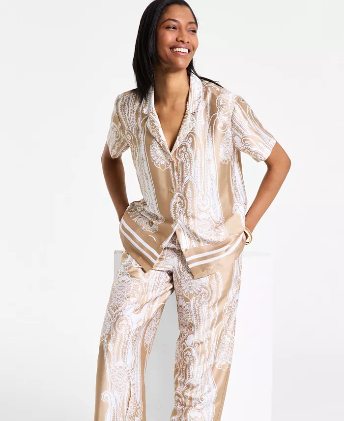 Nautica Jeans Women's Pull-One Wide-Leg Paisley Pants & Button-Front Shirt Women's Fashion Shoes & Accessories