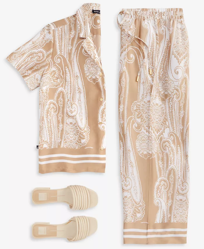 Nautica Jeans Women's Pull-One Wide-Leg Paisley Pants & Button-Front Shirt Women's Fashion Shoes & Accessories