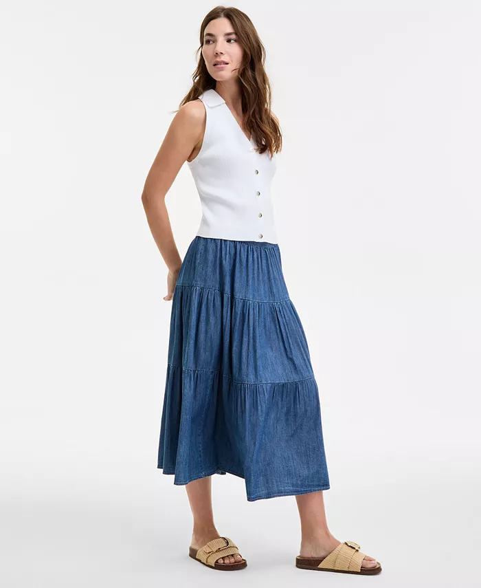 Nautica Jeans Women's Three-Tiered Chambray Midi Skirt Women's Fashion Shoes & Accessories