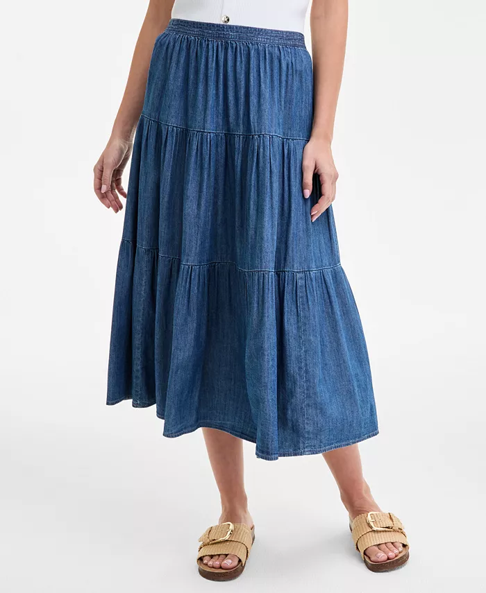 Nautica Jeans Women's Three-Tiered Chambray Midi Skirt Women's Fashion Shoes & Accessories
