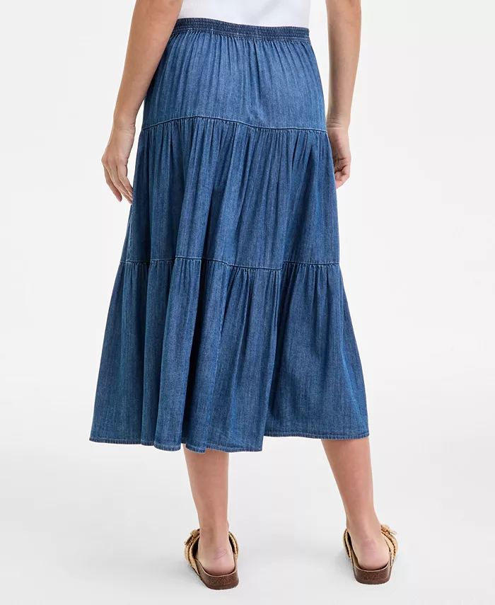 Nautica Jeans Women's Three-Tiered Chambray Midi Skirt Women's Fashion Shoes & Accessories