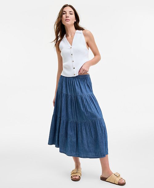 Nautica Jeans Women's Three-Tiered Chambray Midi Skirt Women's Fashion Shoes & Accessories