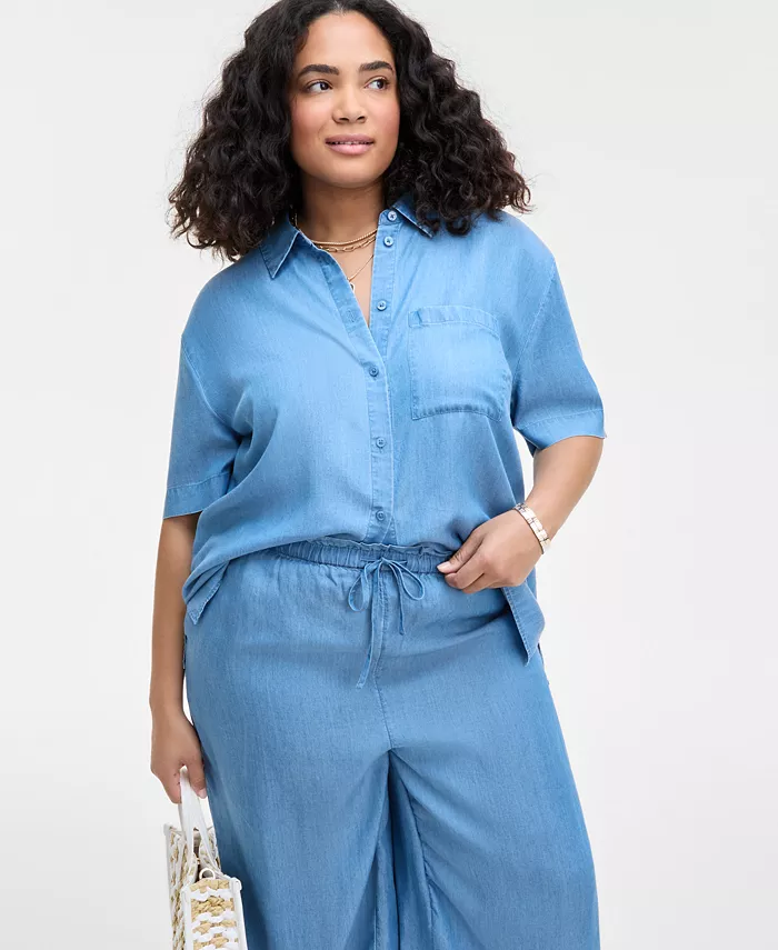 On 34th Trendy Plus Size Chambray Short-Sleeve Shirt & Chambray Drawstring Pants Exclusively At Macy's Women's Fashion Shoes & Accessories