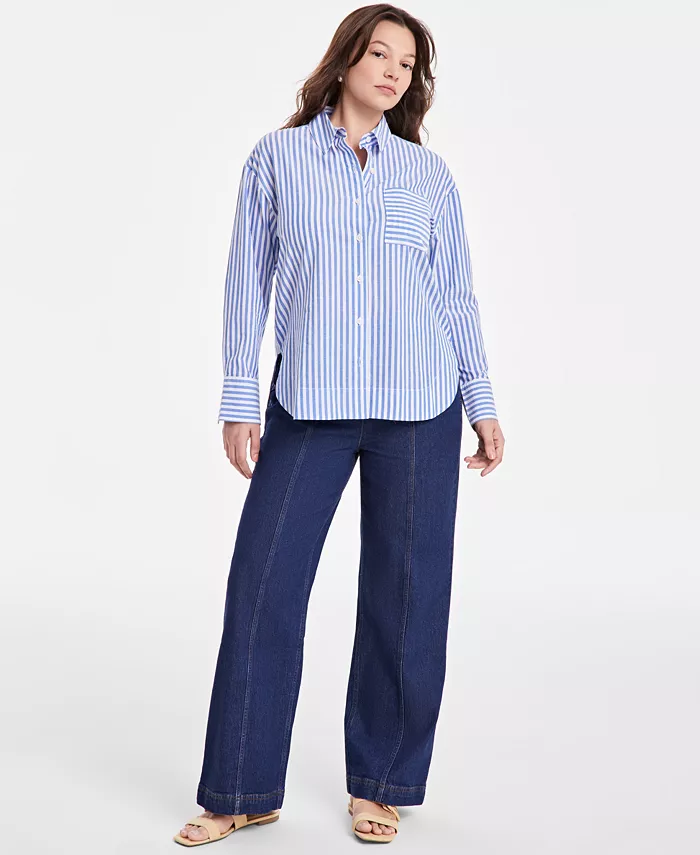 On 34th Women's Cotton Striped Button-Front Shirt Exclusively At Macy's Women's Fashion Shoes & Accessories