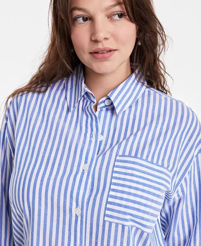 On 34th Women's Cotton Striped Button-Front Shirt Exclusively At Macy's Women's Fashion Shoes & Accessories
