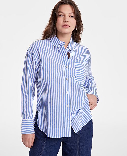 On 34th Women's Cotton Striped Button-Front Shirt Exclusively at Macy's Women's Fashion Shoes & Accessories