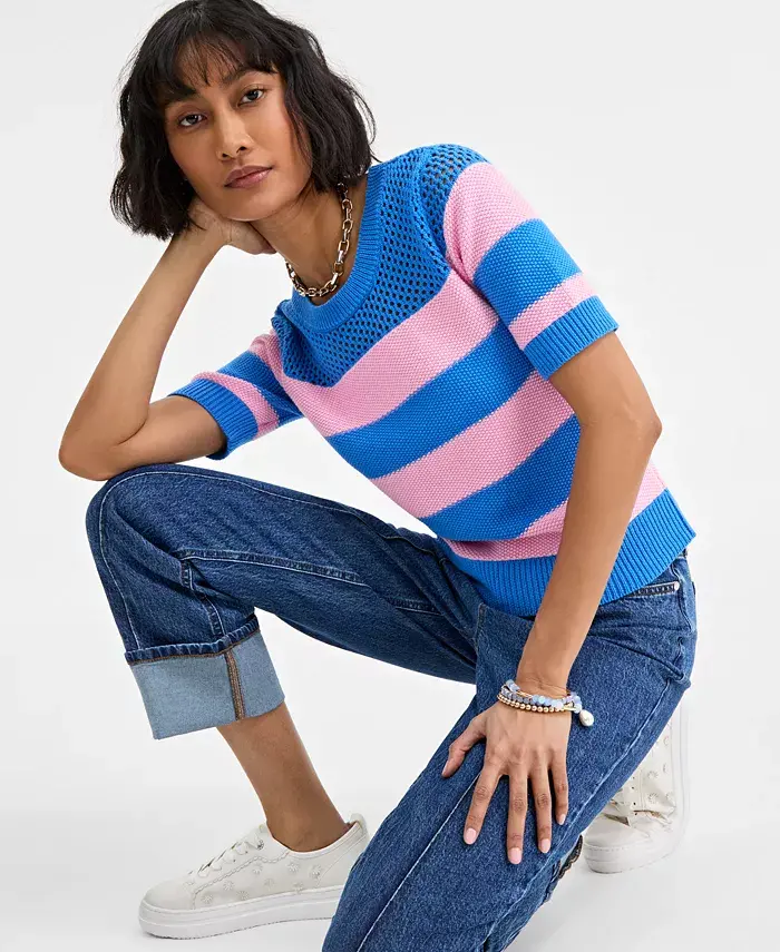 On 34th Women's Cotton Striped Perforated-Stitch Sweater Exclusively At Macy's Women's Fashion Shoes & Accessories