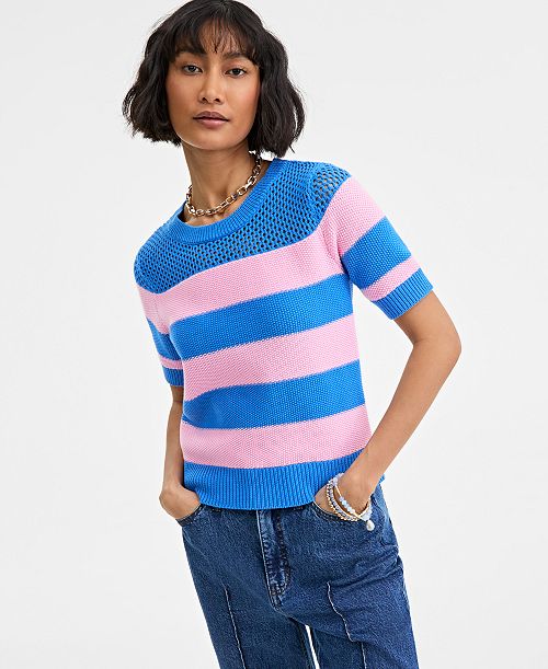 On 34th Women's Cotton Striped Perforated-Stitch Sweater Exclusively at Macy's Women's Fashion Shoes & Accessories