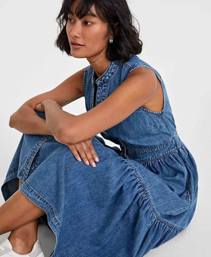 On 34th Women's Denim Tiered Midi Dress Created For Macy's Women's Fashion Shoes & Accessories
