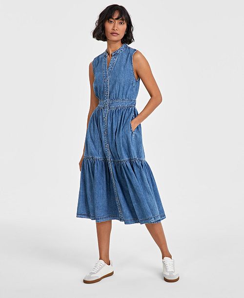 On 34th Women's Denim Tiered Midi Dress Created for Macy's Women's Fashion Shoes & Accessories