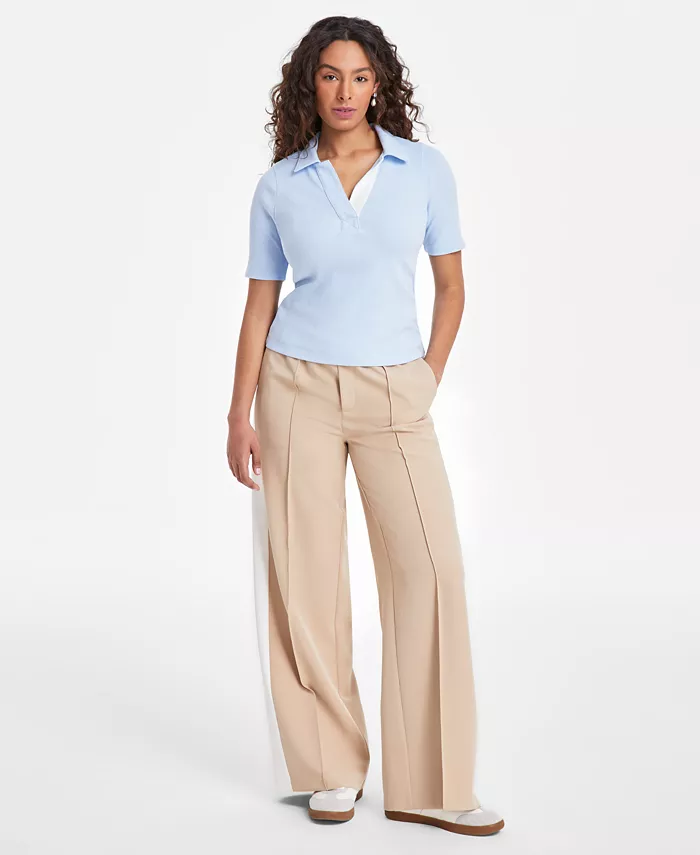 On 34th Women's Elbow-Sleeve Ribbed Polo Top Exclusively At Macy's Women's Fashion Shoes & Accessories