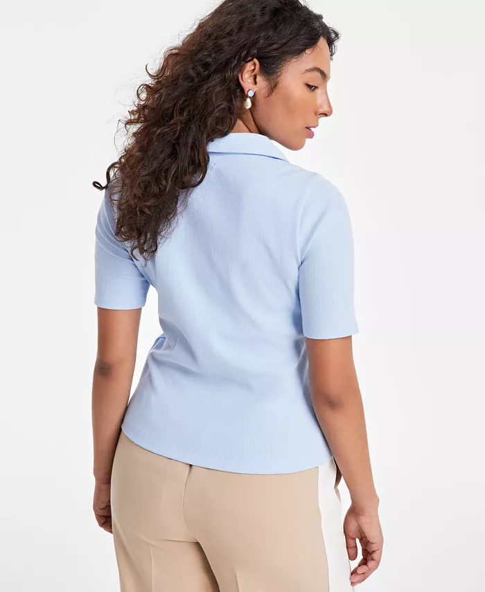 On 34th Women's Elbow-Sleeve Ribbed Polo Top Exclusively At Macy's Women's Fashion Shoes & Accessories