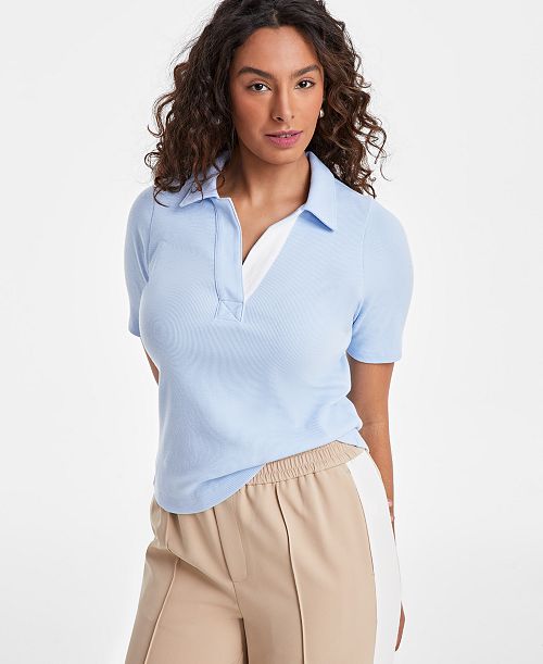 On 34th Women's Elbow-Sleeve Ribbed Polo Top Exclusively at Macy's Women's Fashion Shoes & Accessories