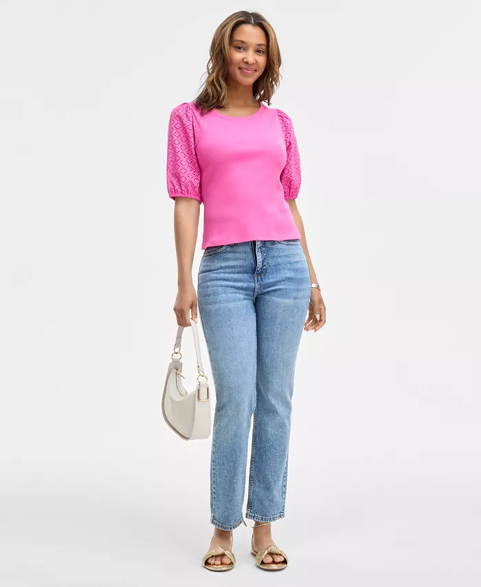 On 34th Women's Eyelet-Sleeve Rib-Knit Top Exclusively At Macy's Women's Fashion Shoes & Accessories
