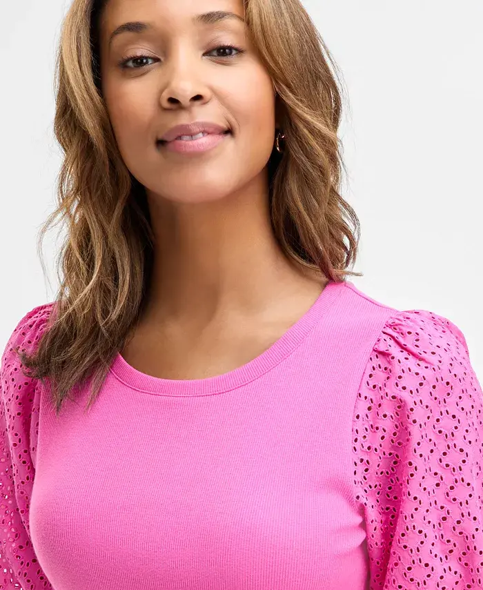 On 34th Women's Eyelet-Sleeve Rib-Knit Top Exclusively At Macy's Women's Fashion Shoes & Accessories