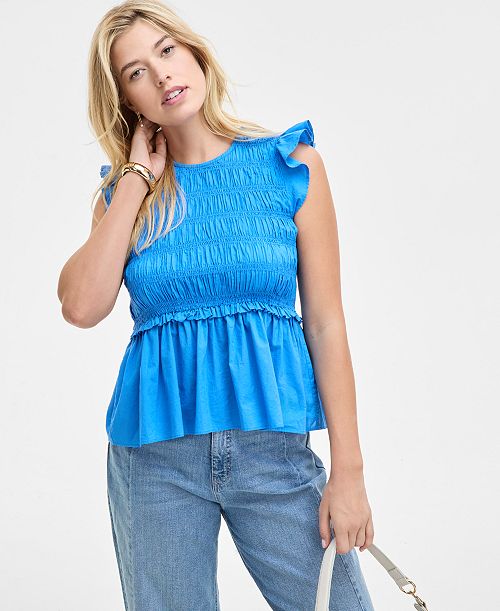 On 34th Women's Flutter-Sleeve Smocked Peplum Top Exclusively At Macy's Women's Fashion Shoes & Accessories
